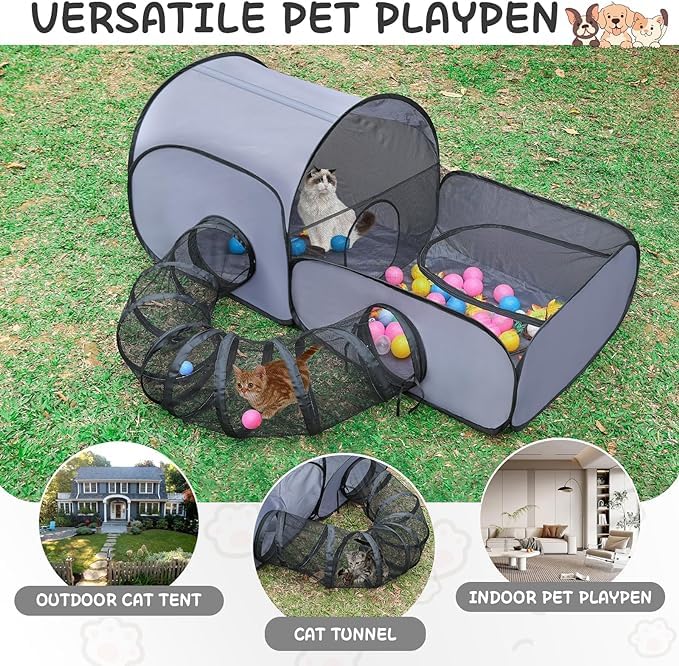 Tailtastic Dog Playpen with Surround Tunnel, Outdoor/Indoor Cat Playpen with Breathable Soft Sides，Tailtastic Cat Enclosure Tent for Small Animals, Portable Cat Tent with Carry Bag (Large)