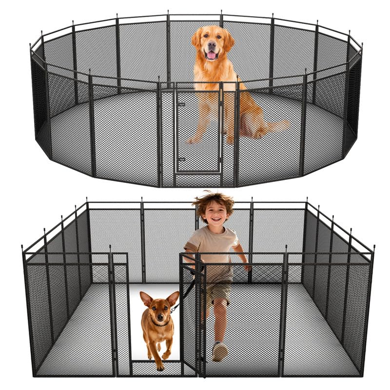 Dog Playpen with Safety Mesh, 32" Height 16 Panels Metal Dog Fence Indoor Outdoor, Portable Dog Kennel for Camping, Yard & RV | Black-Silver - size: 32'', style: 16 Panels