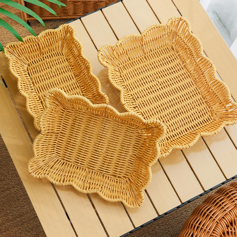 3-Pack Wave Shaped Woven Dining Basket Set - Imitation Rattan Picnic Fruit Baskets & Table Trays for Family Gatherings, Outdoor Camping, and Housewarming Gifts - size: 3
