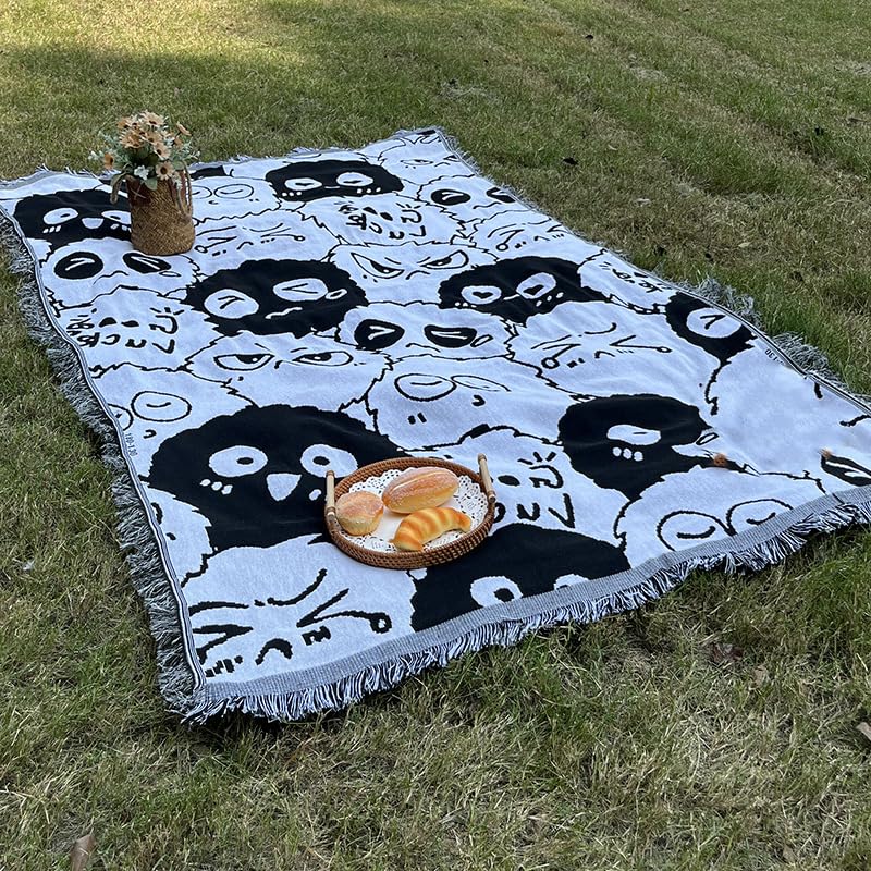 White Picnic Blanket, Extra Large Soft Cotton Gauze Picnic Rug 71"x71", Lightweight Breathable Blanket, Machine Washable for Beach, Camping, Park, Couples (Playful Faces - No Straps) - color: Playful Faces