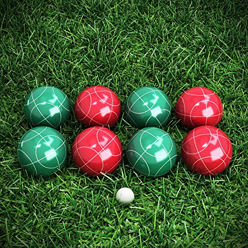 HEY! PLAY! Bocce Ball Set - Lawn Game for Backyard, Beach, or Wedding - Includes Red and Green Bocce Balls, Pallino, and Carrying Case by Trademark Games
