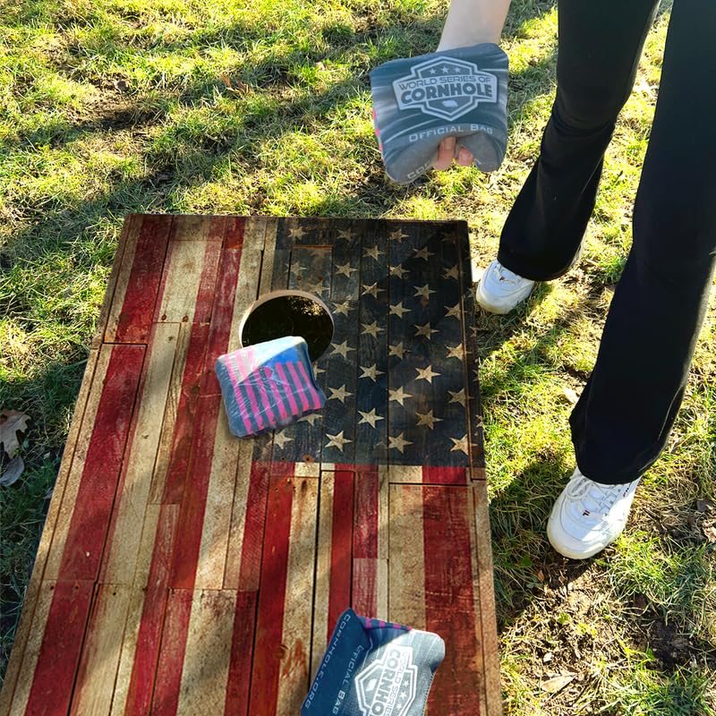 World Series of Cornhole Regulation Size Cornhole Boards – Lightweight & Durable All-Wood Construction | Backyard Bean Bag Toss Set | Rugged Outdoor Game for Tailgates, BBQs, & Backyard Battles - color: Rustic American Flag