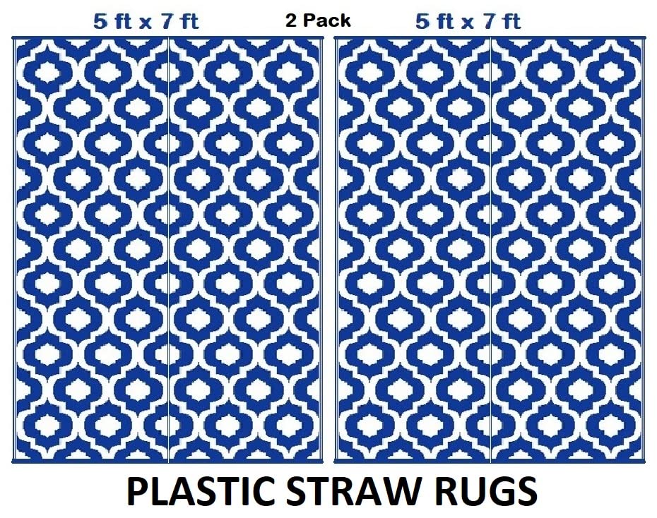Outdoor Rug - 2 PK 5x7 Blue, Reversible Recycled Plastic Straw Outdoor Patio Rugs Clearance Waterproof Large RV Camper Mats 491 - color: Blue, White, size: 2 Pack 5 ft x 7 ft (Rectangular)