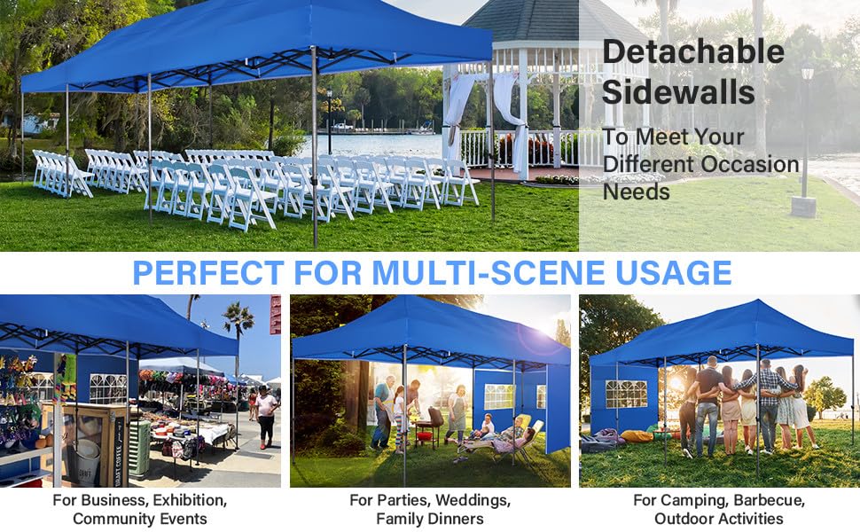 COBIZI 10x30 Heavy Duty Pop Up Canopy Tent with 8 Sidewalls Thicken Frame, Commercial Easy Up Outdoor Wedding Party Tents, All Season Waterproof Windproof with Stakes Sandbags Ropes Roller Bag, Blue - color: Blue, size: 10x30