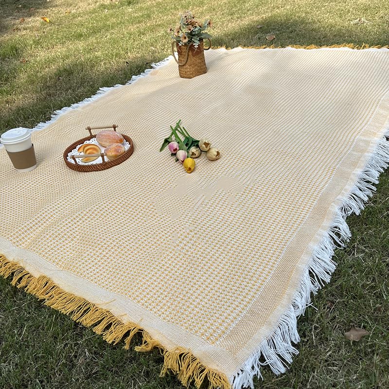 White Picnic Blanket, Extra Large Soft Cotton Gauze Picnic Rug 71"x71", Lightweight Breathable Blanket with Leather Handle, Machine Washable for Beach, Camping, Park, Couples (Yellow) - color: Yellow