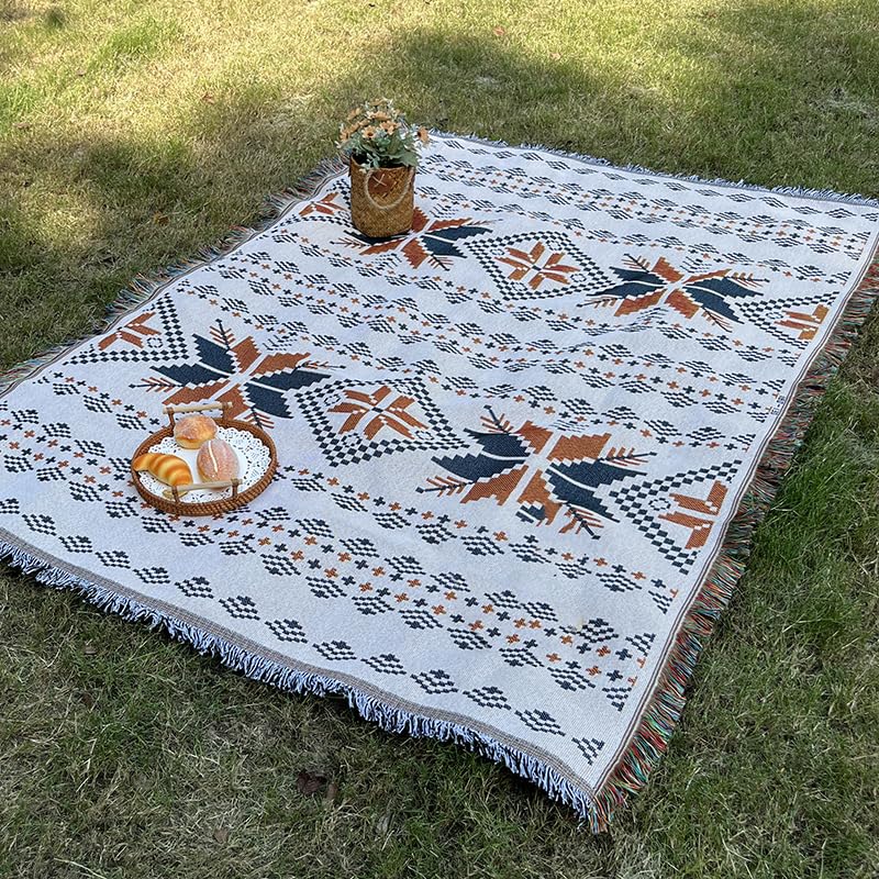 White Picnic Blanket, Extra Large Soft Cotton Gauze Picnic Rug 71"x71", Lightweight Breathable Blanket, Machine Washable for Beach, Camping, Park, Couples (Patterned Glow - No Straps) - color: Patterned Glow