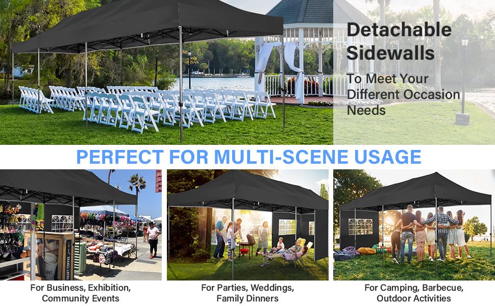 COBIZI 10x30 Heavy Duty Pop Up Canopy Tent with 8 Sidewalls Thicken Frame, Commercial Easy Up Outdoor Wedding Party Tents, All Season Waterproof Windproof with Stakes Sandbags Ropes Roller Bag, Black - color: Black, size: 10x30