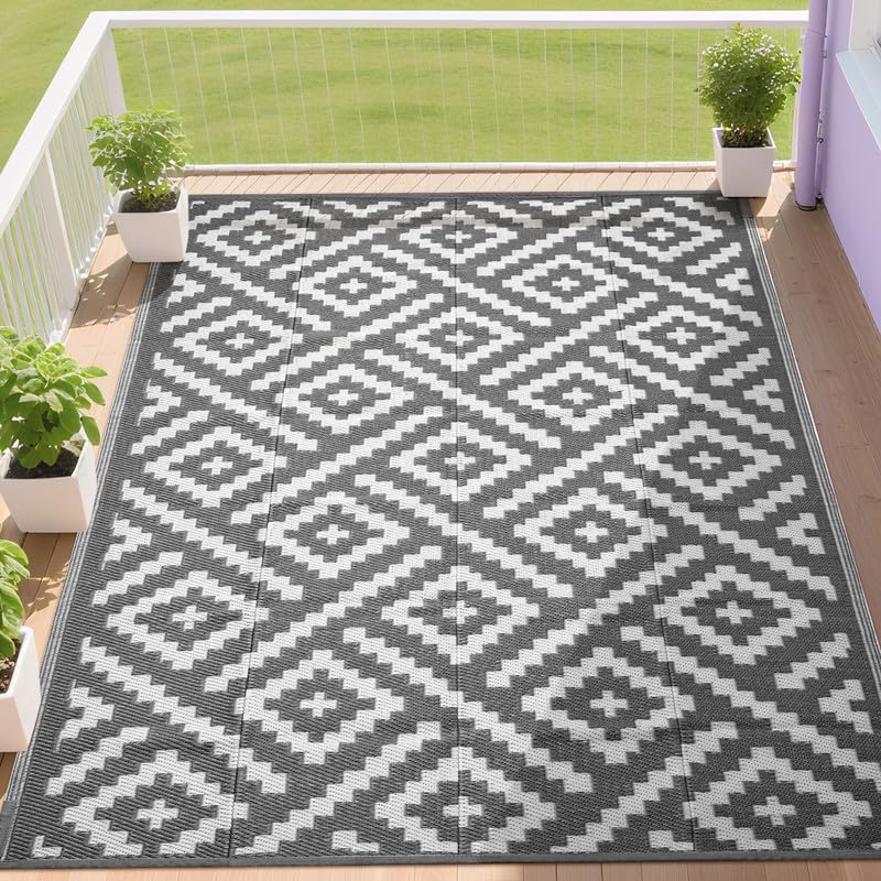 RURALITY Outdoor Rugs 8x10 Feet for Patios Clearance,Plastic Straw Waterproof Mats for Backyard,Porch,Deck,Balcony,Grey&White - color: Cross-grey&white, size: 8' x 10' (Rectangular)