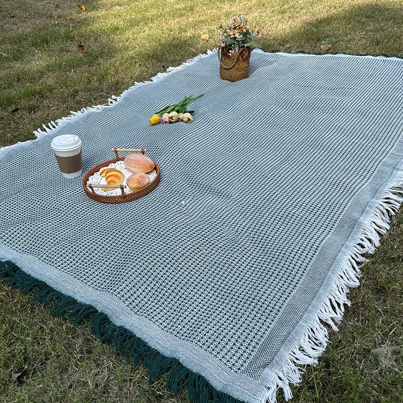 White Picnic Blanket, Extra Large Soft Cotton Gauze Picnic Rug 71"x71", Lightweight Breathable Blanket with Leather Handle, Machine Washable for Beach, Camping, Park, Couples (Green) - color: Green