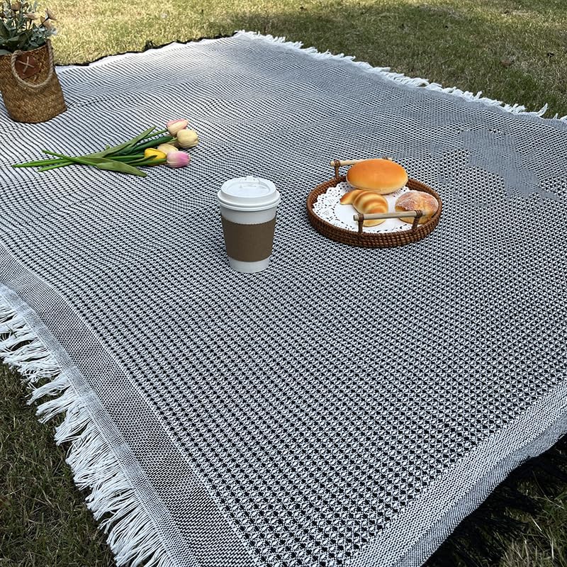 White Picnic Blanket, Extra Large Soft Cotton Gauze Picnic Rug 71"x71", Lightweight Breathable Blanket with Leather Handle, Machine Washable for Beach, Camping, Park, Couples (Black) - color: Black